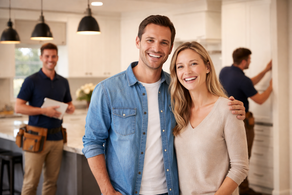 Happy customers with newly installed kitchens by London Kitchen Fitters