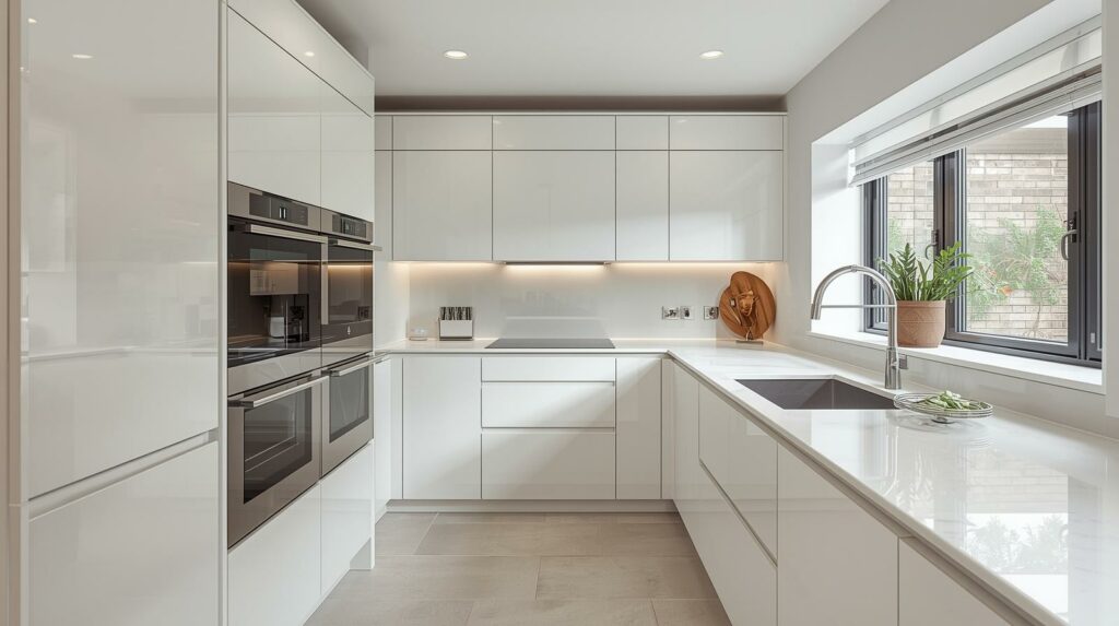 Modern kitchen installation in London home with fitted cabinets and quartz worktops