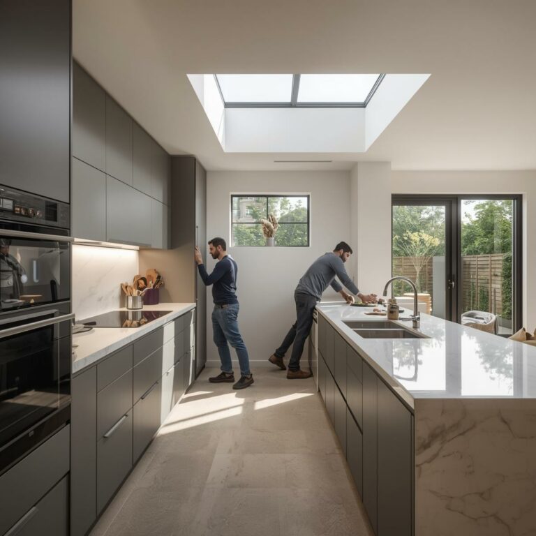Professional kitchen installers fitting a modern kitchen in London